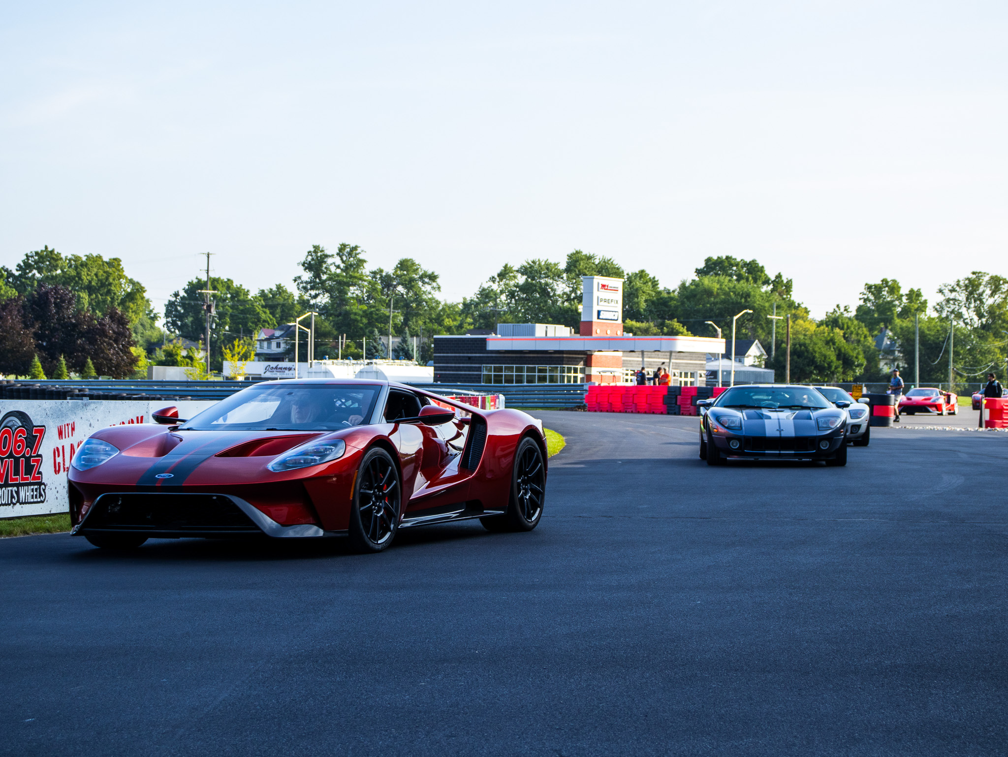 Ford GT sports cars on the M1 track.